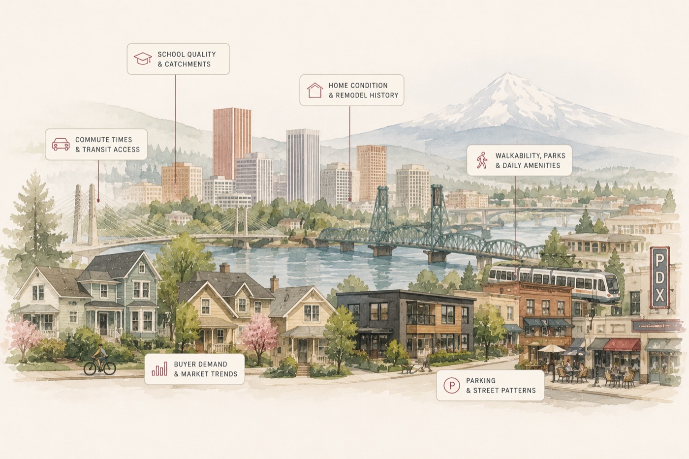 Watercolor illustration of Portland — Mt. Hood, the river, the Hawthorne Bridge, a PDX streetcar, and craftsman homes — labeled with the factors that change a property's value: commute and transit, walkability and amenities, parking, schools, home condition, and buyer demand.