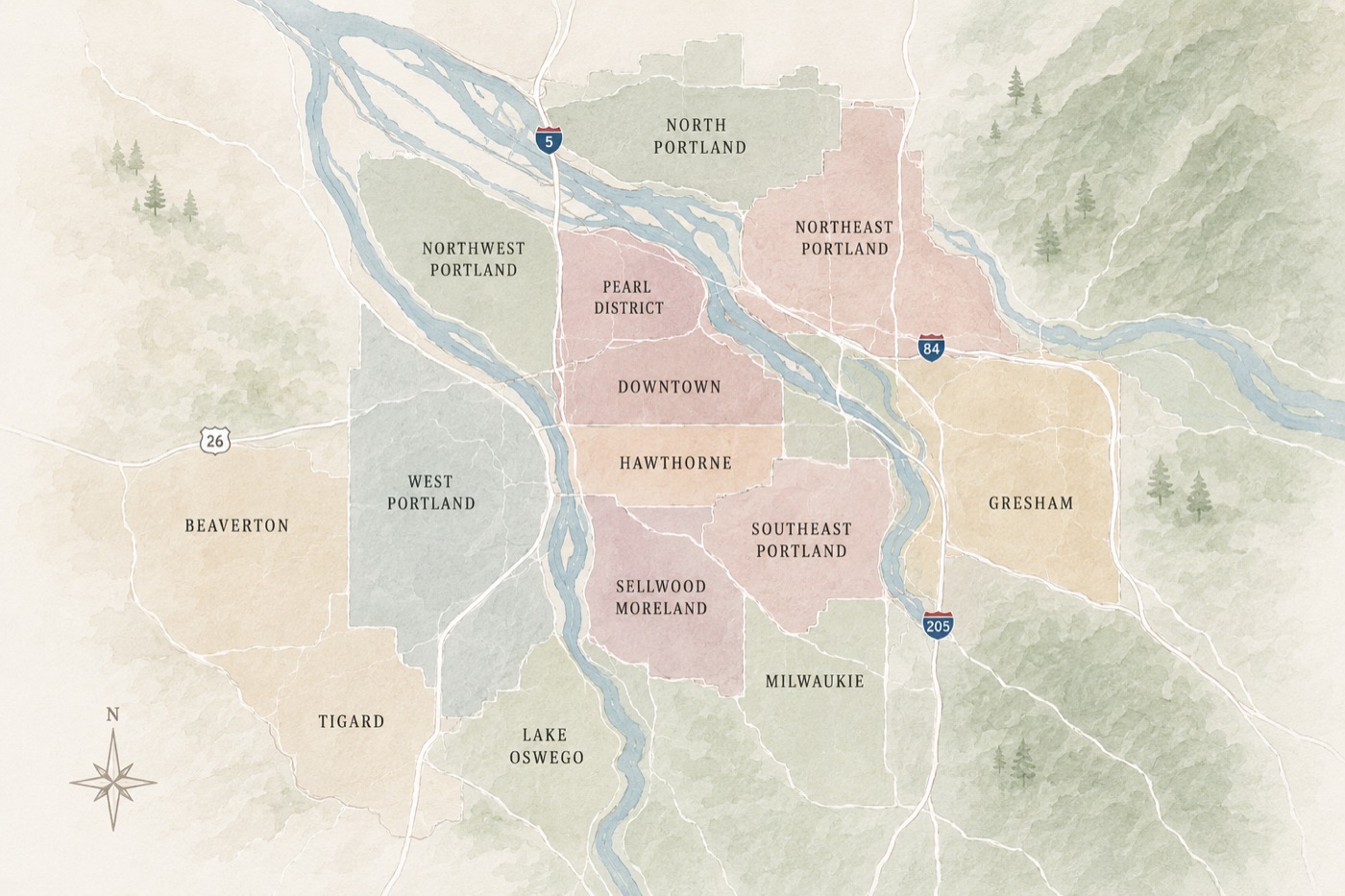 Hand-drawn map of the Portland metro showing the neighborhoods Michael works — from Beaverton and West Portland across the river to Northeast and Southeast Portland, Sellwood-Moreland, Milwaukie, and Gresham.